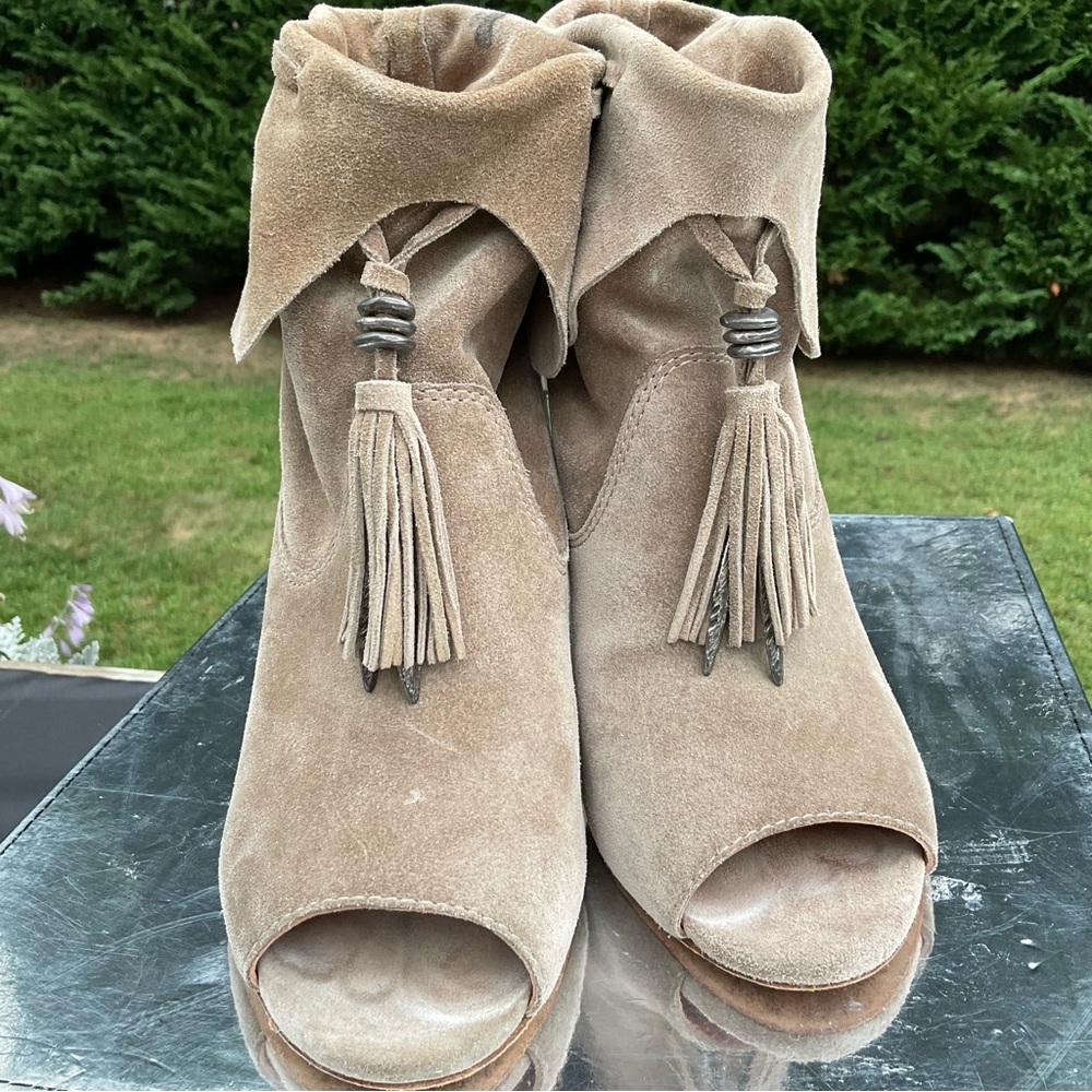 Sigerson Morrison Tan Suede Peep-Toe Ankle Boots